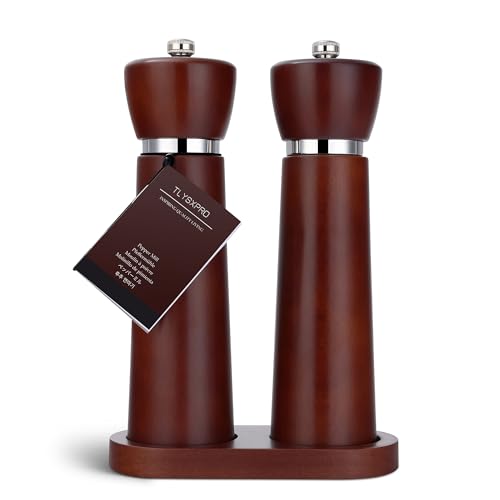TLYSXPRO Salz und Pfeffermühle Holz Set – Nachfüllbare Pfeffer und Salzmühle mit einstellbarem Keramikmahlwerk – Manuelle Pfeffermühle aus Buchenholz – Höhe 21 cm – Esskastanien von TLYSXPRO