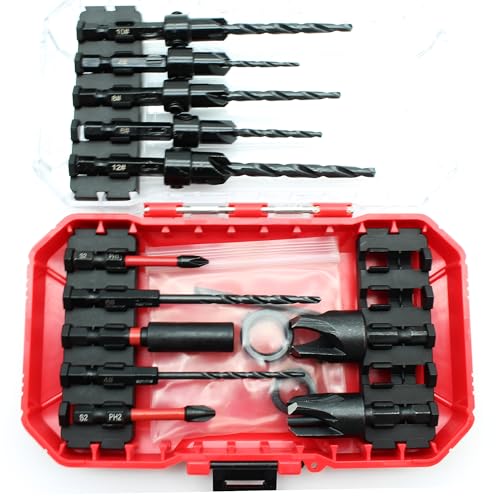 TMAX 15-teiliges Kegelsenker-Bohrer-Set für Schrauben, konische Bohrer mit 2 Holzdübelschneider und 2 Kreuzschlitz-Schraubendreher-Bits, 1/4-Zoll-Sechskantschaft für Holzbearbeitung TMAX 15-teiliges Kegelsenker-Bohrer-Set für Schrauben, konische Bohrer mit 2 Holzdübelschneider und 2 Kreuzschlitz-Schraubendreher-Bits, 1/4-Zoll-Sechskantschaft für Holzbearbeitung von TMAX