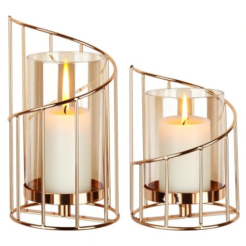 TMBMLPP 2er Set Windlicht Kerzenständer Gold,Kerzenhalter Metall Windlicht,Metall Deko Kerzenleuchter für Outdoor Esstisch Dekoration Wohnzimmer Bad Garten,Kreativ Vintage Kerzen Ständer von TMBMLPP