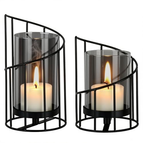 TMBMLPP 2er Set Windlicht Kerzenständer Schwarz,Kerzenhalter Metall Windlicht,Metall Deko Kerzenleuchter für Outdoor Esstisch Dekoration Wohnzimmer Bad Garten,Kreativ Vintage Kerzen Ständer von TMBMLPP