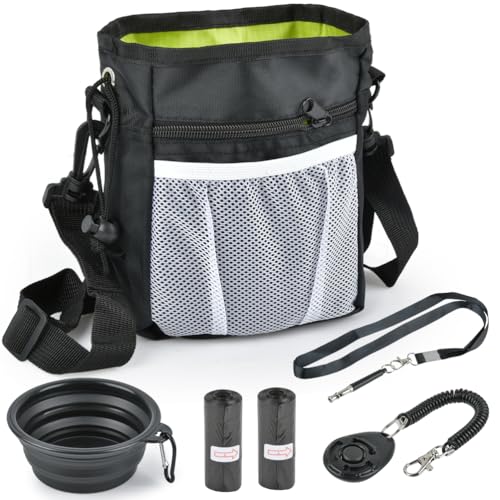 TMBMLPP Leckerlibeutel fur Hunde, 6 in 1 Futterbeutel Hund, faltbarer hundenapf | Klicker | 2 Kotbeutelspender | Hundepfeife| futtertasche hundetraining, hunde leckerlitasche für Training - Schwarz von TMBMLPP