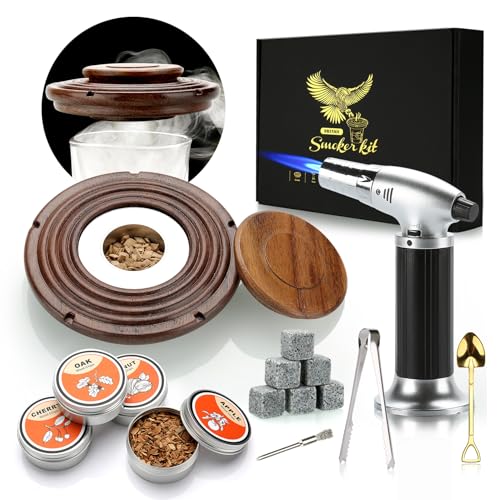 Papa Geschenk Weihnachten, Cocktail Smoker Kit, Whisky Steine, Flambierbrenner, Old Fashioned Whiskey Smoker Drinks Kit, Cocktail Zubehör Für Getränke, Bourbon-Walnuss(Butan Nicht inbegriffen) von TMEOIIPY