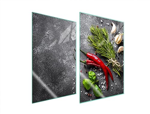 TMK ArtDeko Herdabdeckplatten 2 Teilig 2x35x52 cm Ceranfeldabdeckung Küche Induktion Herdschutz Spritzschutz Glasplatte Schneidebrett, Chili von TMK ArtDeko