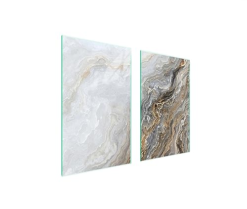 TMK ArtDeko Herdabdeckplatten Set 75x52 cm Ceranfeld Abdeckung Glas Spritzschutz Abdeckplatte Glasplatte Herd Ceranfeldabdeckung Deko Schneidebrett, Marmor von TMK ArtDeko