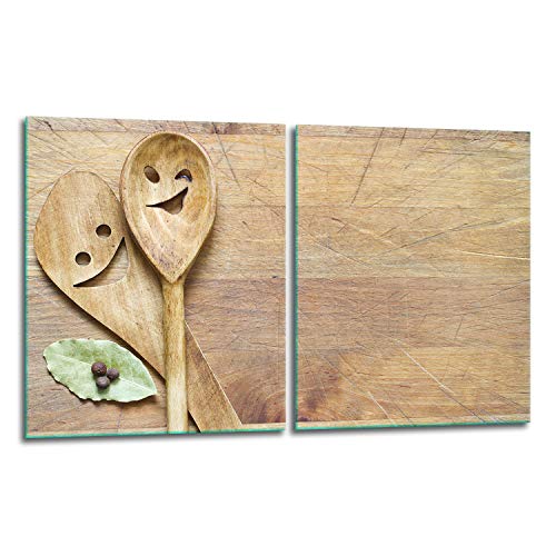 TMK | Herdabdeckplatten Set 2x40x52 cm Ceranfeld Abdeckung Glas Spritzschutz Abdeckplatte Glasplatte Herd Ceranfeldabdeckung Deko Schneidebrett | Holz von TMK ArtDeko