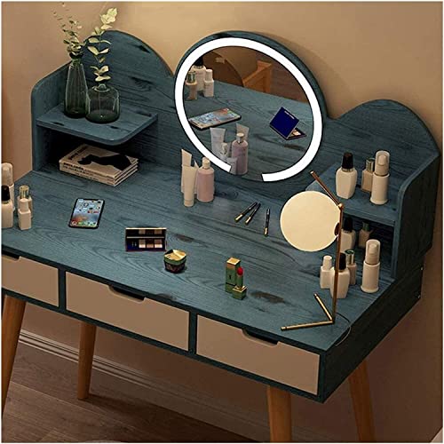 TMKDNNKG Luxuriöses Schminktisch-Set mit Schminktisch, moderner Schminktisch aus massivem Holz, Mini-Schlafzimmer-Schminktisch, einfacher Kosmetik-Aufbewahrungsraum mit LED-Spiegelhocker von TMKDNNKG