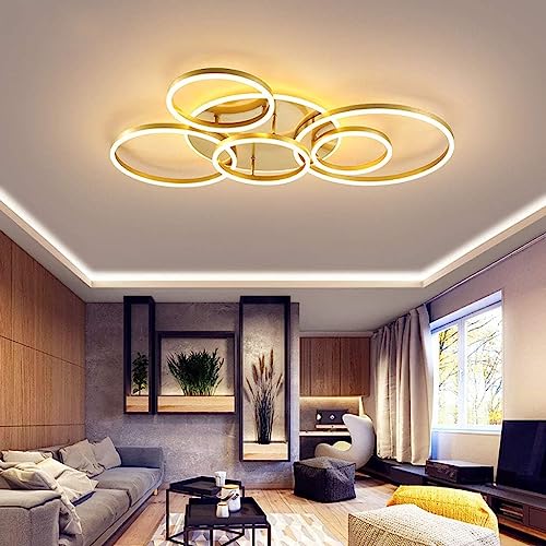 LED Deckenleuchte Dimmbar Wohnzimmer Deckenlampe Creative Pendelleuchte Mit Fernbedienung Dimmbarer Deckenstrahler Round 6 Circle 86W Schlafzimmer Acryl Aluminium Wohnzimmer Leuchte ( Color : Gold ) von TMKOO