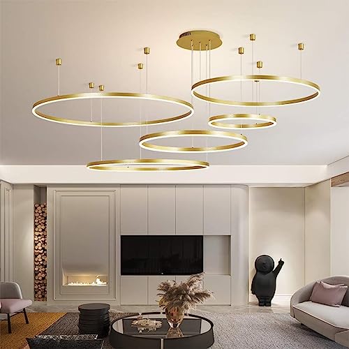 LED Hängelleuchte Wohnzimmerlampe Hängelampe Esstisch Pendelleuchte Dimmbar Mit Fernbedienung Pendellampe Moderne Aluminium Runde Acryl Beleuchtung Kronleuchter ( Color : Gold , Größe : 5laps 20+40+60 von TMKOO