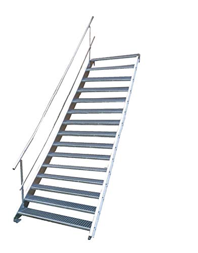 Stahltreppe Industrietreppe Aussentreppe Treppe 15 Stufen-Breite 100cm Variable Geschosshöhe 250-320cm mit einseitigem Geländer von TMM