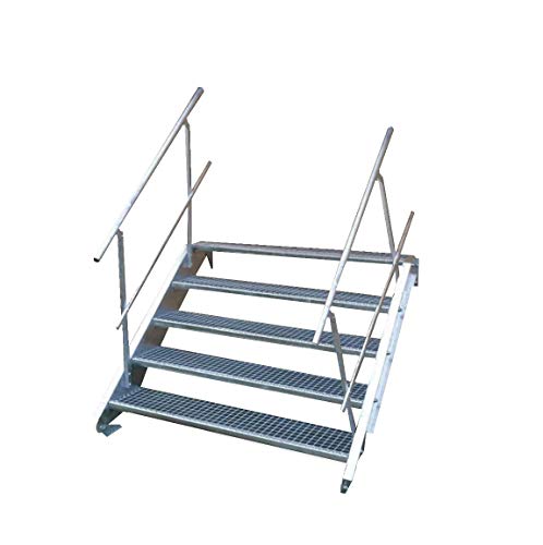 Stahltreppe Industrietreppe Aussentreppe Treppe 5 Stufen-Breite 120cm Variable Geschosshöhe 70-105cm vezinkt mit beidseitigem Geländer von TMM