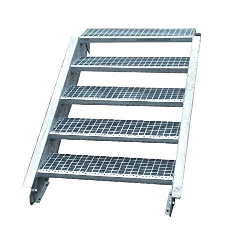 Stahltreppe Industrietreppe Aussentreppe Treppe 5 Stufen-Stufenbreite 80cm / Geschosshöhe variabel 70-105cm verzinkt Gitterrosttreppenstufen Tiefe 24cm von TMM