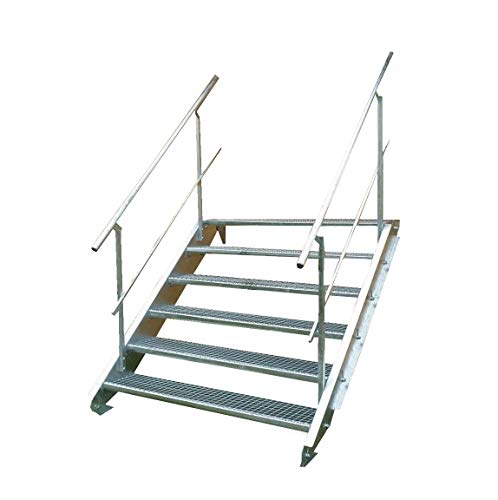 Stahltreppe Industrietreppe Aussentreppe Treppe 6 Stufen-Breite 60cm Variable Geschosshöhe 90-120cm vezinkt mit beidseitigem Geländer von TMM