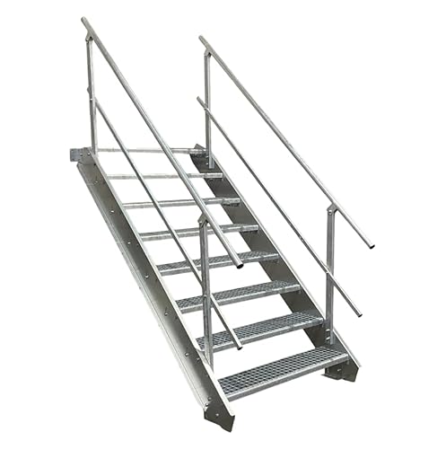 Stahltreppe Industrietreppe Aussentreppe Treppe 8 Stufen-Breite 100cm Variable Geschosshöhe 120-160cm vezinkt mit beidseitigem Geländer von TMM
