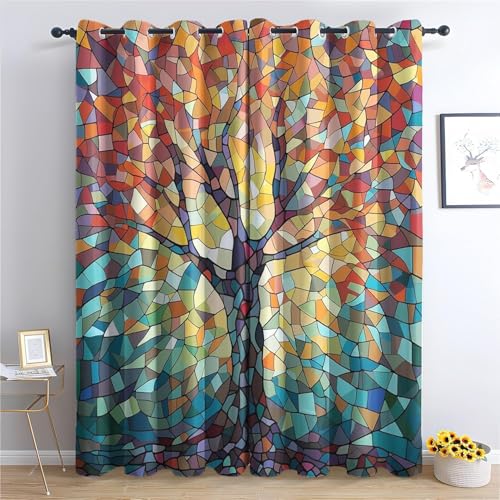 Gardinen Baum Buntes Puzzlespiel Verdunklungsvorhänge mit Ösen Thermo Vorhang Kälteschutz, Retro Stil Blickdichte Schlafzimmer Curtain Blackout Vorhang Wärmeisolierend 138x117 cm(HöhexBreite), 2er Set von TMMDH