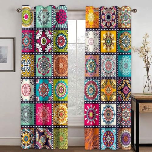 Gardinen Boho-Muster Bunt Verdunklungsvorhänge mit Ösen Thermo Vorhang Kälteschutz, Blickdichte Gardinen Schlafzimmer Curtains Blackout Vorhang Wärmeisolierend 160x117 cm(HöhexBreite), 2er Set von TMMDH