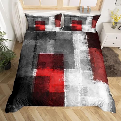 TMMDH Bettwäsche 155x200 cm 3teilig Set, Rote graue Quadrate Mikrofaser Bettbezug Set Bügelfrei & Knitterfrei mit Reißverschluss und 2 Kissenbezug 80x80 cm von TMMDH