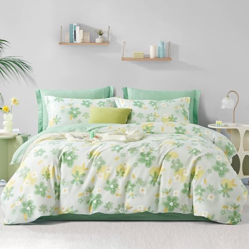 TMMDH Bettwäsche 200x220 cm 3teilig Set, Grün Gelb Floral Print Mikrofaser Bettbezug Set Bügelfrei & Knitterfrei mit Reißverschluss und 2 Kissenbezug 80x80 cm von TMMDH