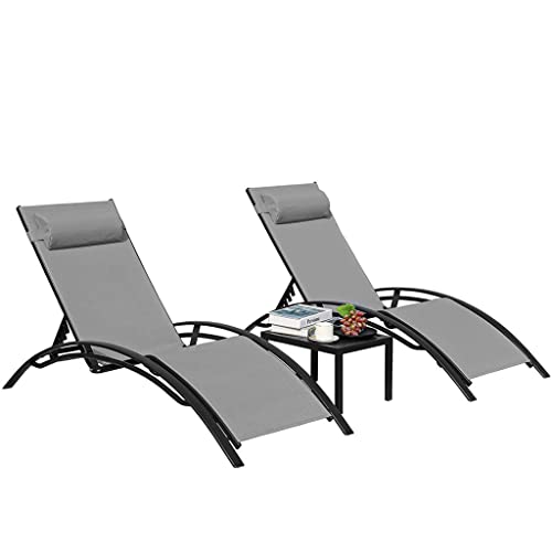 TMMLIJIPL 3-teiliges Sonnenliegen-Set aus Aluminium, Liegestuhl mit 5 verstellbaren Rückenlehnen, Kopfkissen, Tisch für Garten (Farbe: A, Größe: Einheitsgröße) von TMMLIJIPL