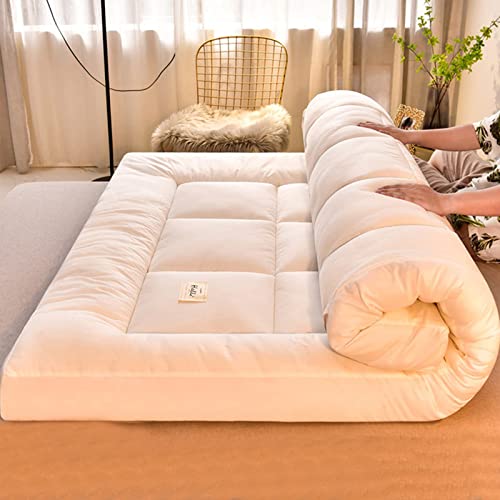 TMMLIJIPL Japanische Quilt-Matratze, einfarbig, japanische Bodenmatratze, Tatami-Matte, aufrollbare Camping-Matratze, tragbares Boden-Gästebett, Bodenliege (weißes Kingsize-Bett (180 x 200 cm) von TMMLIJIPL