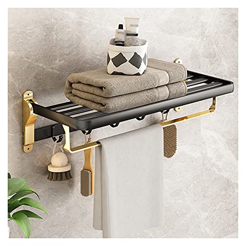 TMMLIJIPL Schwebende Regale, faltbarer Handtuchhalter, schwebende Regale, Wandmontage, Badezimmer-Regal zur Wandmontage mit Handtuchhaken (Schwarz/Gold) für Badezimmer-Aufbewahrung von TMMLIJIPL