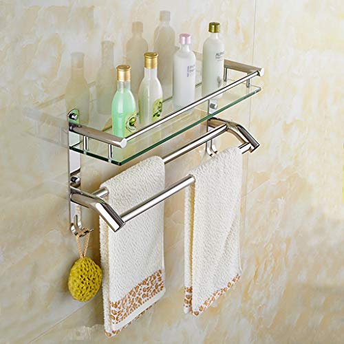 TMMLIJIPL Wandmontiertes Badezimmer-Glasregal – mit Haken, Handtuchhalter aus 304 Edelstahl, schwebendes Regal mit Stange (Design: Doppelstabgröße: 50 cm) (Doppelstange 40 cm) von TMMLIJIPL