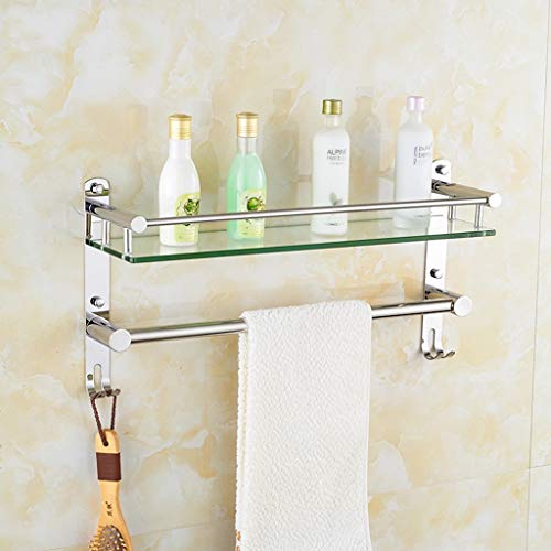 TMMLIJIPL Wandmontiertes Badezimmer-Glasregal – mit Haken, Handtuchhalter aus 304 Edelstahl, schwebendes Regal mit Stange (Design: Doppelstabgröße: 50 cm) (Einzelstange 40 cm) von TMMLIJIPL