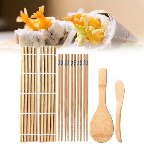 DIY Sushi Making Kit Complete,Bambus Sushi Matte,Sushi Set,Inklusive 2 Sushi Matten,5-Paar Essstäbchen,1-Schaber,1-Schaufel,Verwendet für DIY Sushi,9 pcs von TMRBBesty