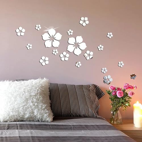 Spiegel Wandaufkleber,3D Spiegel Wandaufkleber,Wandtattoo Silber Acryl Blumen,Acryl Blume Spiegel Wandaufkleber,Für Schlafzimmer,Bad,Wohnzimmer,Silber,18-Stück von TMRBBesty