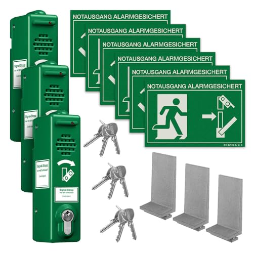 TMS PRO SHOP BIGPACK 3 x Türwächter gleichschl., 80 dB/105 dB + Adapter f. Paniktreibriegel, Art.-Nr. 611254 | Türwächter Notausgang | Fluchttürwächter | Türwächter Alarm von TMS Pro Shop
