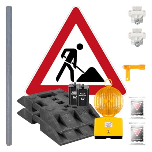 TMS PRO SHOP Komplett-Set Baustelle mit Leuchte, Gefahrzeichen Arbeitsstelle VZ 123, StVO, Art.-Nr. 610977 von TMS Pro Shop