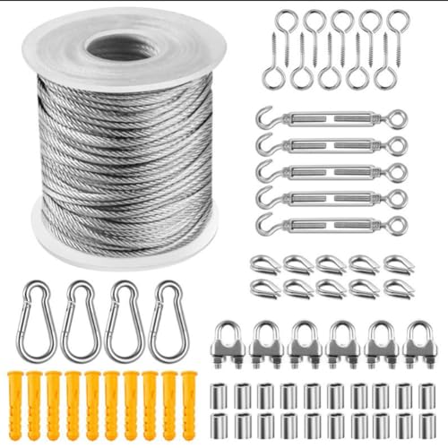 Drahtseil Edelstahl Edelstahlseil kit Rankhilfe Set Stahlseil Ummantelt Gardinenseil Spanndraht Spannschlössern Draht Spalier Seilspanngarnitur Crimpschlaufen Augenbolzen Spannschloss von TMTGTS