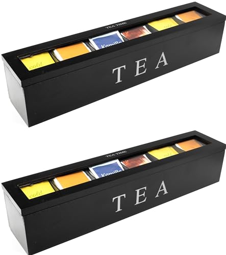 2x TMV24 Teebox mit 6 Fächern, Tee Kiste aus Holz Aufbewahrungsbox Dose mit Sichtfenster schwarz, Praktische Teeaufbewahrungsbox für Teebeutel, Teebeutelbox und Tee Organizer, Teedose von TMV24