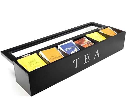TMV24 Teebox mit 6 Fächern, Tee Kiste aus Holz Aufbewahrungsbox Dose mit Sichtfenster schwarz, Praktische Teeaufbewahrungsbox für Teebeutel, Teebeutelbox und Tee Organizer, Teedose von TMV24