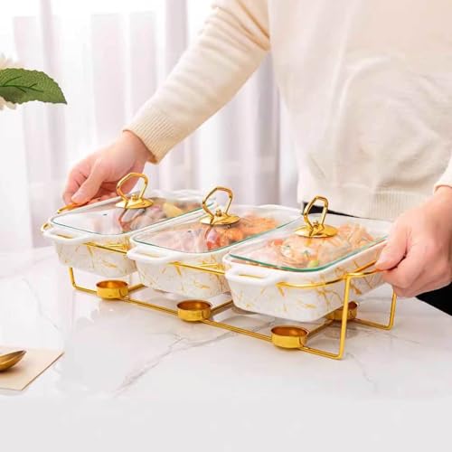 TMXKOOK 3 -in -1 -Keramik -Scheuchternschüssel -Buffet -Set - Scheucheln mit Glasdeckel - Perfekt für Geburtstag, Hochzeit und Buffet -Partys von TMXKOOK