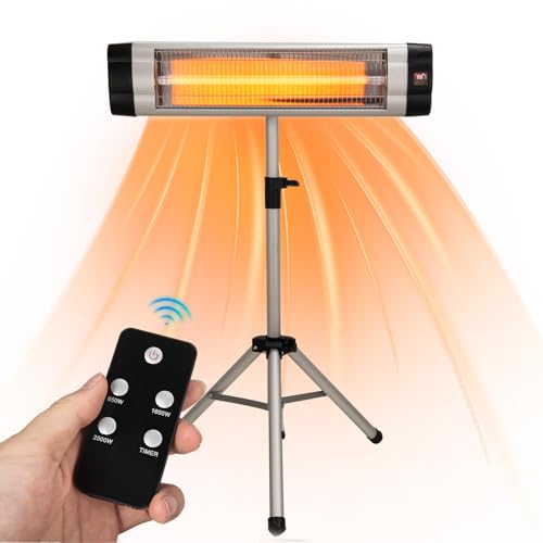 Infrarot Heizstrahler 2500W mit Fernbedienung Terrassenstrahler Innen & Außen mit 3 Heizstufen Höhenverstellbarem Teleskopstativ Wand Infrarotstrahler Wickeltischstrahler,Silberweiß von TMYSUN