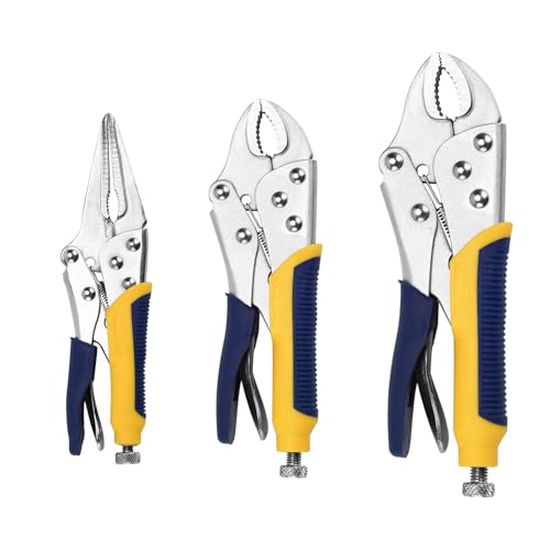 TMZDCJK 3 teiliges Gripzangen Feststellzangen Set, 22 cm und 19cm gebogene Backen, 17 cm lange Nase gebogene Backen Schraubstock Griffzangen Set, V-Spannzange, Blau/Gelb von TMZDCJK