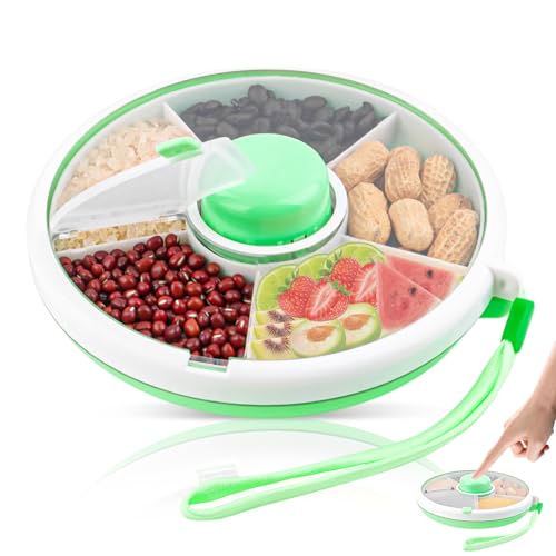 TNEDFOD Rotierende Snackbox, Grün Runde Snackbox, Snackteller mit Deckel, Tragbare Snackteller mit Fächern, wiederverwendbarer Snackspender für Outdoor, Familien, Party Snackbehälter von TNEDFOD
