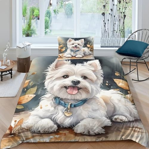TNFHSOFT 3D Print Muster Kinder Bettbezug ? West Highland White Terrier Bettbezug Und Zwei Kissenbezug, 3D Digital Print, Mikrofaser Mit Reißverschluss Set Single（135x200cm） von TNFHSOFT