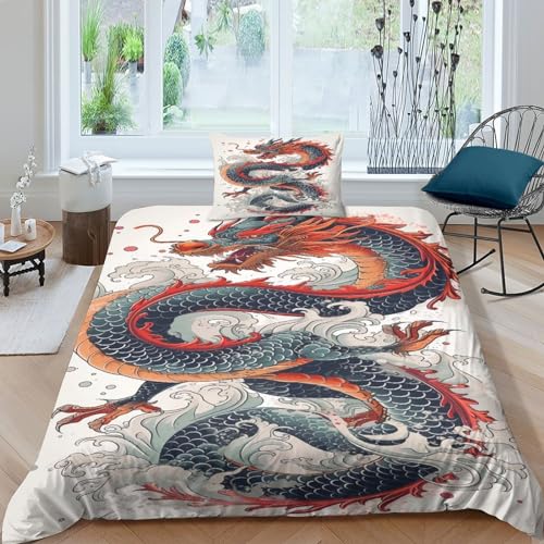 TNFHSOFT Japanisch Drache 3D Bettbezug Set 3teilig Microfaser Bettwäschegarnitur Mit Gedruckt,Verdeckter Reissverschluss Single（135x200cm） von TNFHSOFT