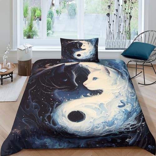 TNFHSOFT Yin Yang Kat BettwäSche Set Mit 3D Bettwäsche-Sets 3Teilig Mikrofaser, Bettwäsche Kinder Mit Kissenbezug Für Erwachsene Teenager Kinder Single（135x200cm） von TNFHSOFT