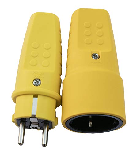Schuko Gummistecker Stecker und Kupplung Set Gelb 230V IP44 Gummisteckverbindungs-Set von TNL