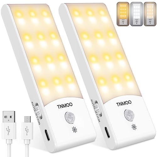 TNMOO LED Nachtlicht mit Bewegungsmelder, [2 Stück] 24 LED 3 Farbtemperaturen USB Aufladbar, Schranklicht mit 3 Modi, Stufenloses Dimmen Nachtlampe Kinder für Badezimmer/Gang/Treppe/Garage von TNMOO