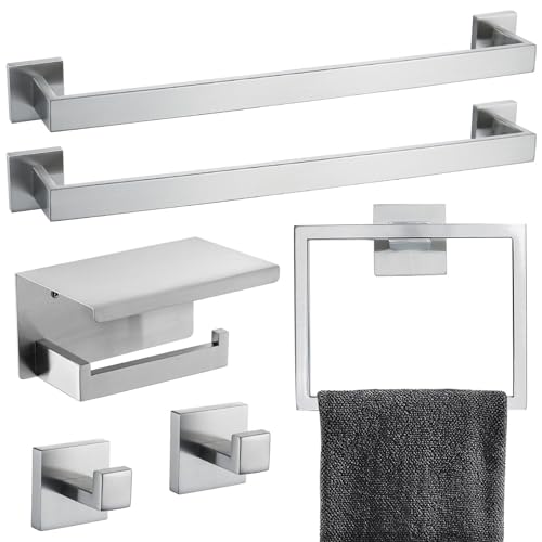Gebürstetes Nickel Badezimmer Handtuchstange Set Badezimmer Zubehör Hardware Set inklusive Doppelhandtuchstange Handtuchring Kleiderhaken und Toilettenpapierhalter mit Ablage Wandmontiert Edelstahl von TNOMS