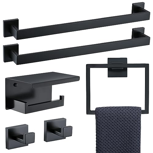 TNOMS 6-teiliges schwarzes Badezimmer-Hardware-Set 23,6 Zoll Handtuchstange Set Doppel Handtuchstange Handtuchring Kleiderhaken und Toilettenpapierhalter mit Ablage Wandmontage Edelstahl Badezimmer TNOMS 6-teiliges schwarzes Badezimmer-Hardware-Set 23,6 Zoll Handtuchstange Set Doppel Handtuchstange Handtuchring Kleiderhaken und Toilettenpapierhalter mit Ablage Wandmontage Edelstahl Badezimmer von TNOMS