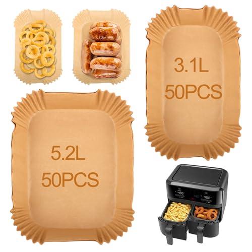 TNOMSNO Airfryer Backpapier für Airfryer Dual Basket 3000 Series, 100 Stück Backpapier für EY9018 Dual Easy Fry EY905D 5.2/3.1 L, Backpapier für Heißluftfritteuse, Luftfritteusen Zubehör (50+50Pcs) von TNOMSNO