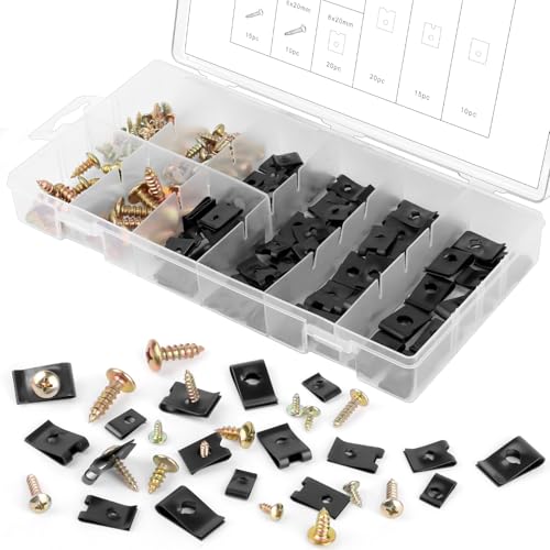 TNOMSNO karosserieschrauben, 170 Kfz Stk Schraube Mutter Clip Kit, Einschließlich 85 Stk U Typ Karosserie-Klemmen und 85 Stk Schrauben für Auto Schwarz, Blechmutter, Auto Befestigungsbox Set von TNOMSNO