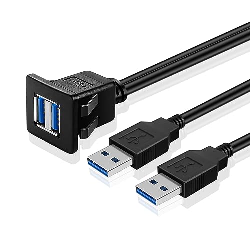 TNP USB Einbaubuchse Kabel - 1m, Kfz USB 3.0 Einbau Buchse Kabel, USB Verlängerungskabel, viereckiger USB Armaturenbrett Kabel, 2X Stecker auf 2X Buchse Adapter für Auto, LKW, Boot, Motorrad, schwarz von TNP Products
