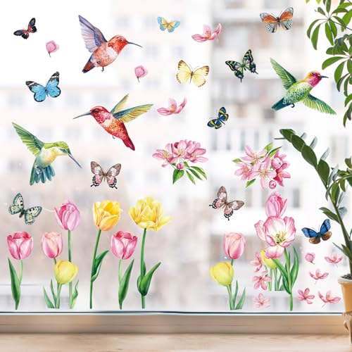 TNSLAND 10 Blatt Fensterbilder, Doppelseitig Blumen Fensterbild Schmetterling Fensterdeko Frühling Sommer Selbstklebend Fensterfolie Wiederverwendbar Fenstersticker Aufkleber (Tulpen) von TNSLAND