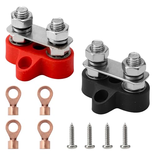 TNSLAND 2 Stück Dual Anschlussbolzen Busbar M8, 12V Sammelschiene 12V Verteilerblock 12V-48V Batterieklemmenblöcke, Stromverteilungs-Klemmblock für Auto Wohnmobile LKW, Schwarz Rot von TNSLAND