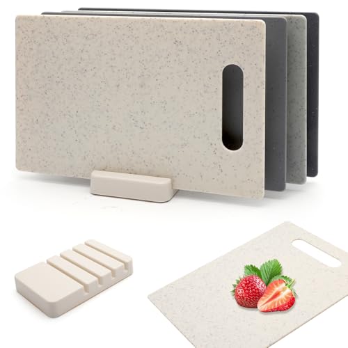 TNSLAND 4 Stück Schneidebrett Kunststoff Set Küchenbretter Frühstücksbrettchen mit Griffe und Aufbewahrungsständer Schneidbretter Chopping Board für Fleisch Feinkost Gemüse und Obst TNSLAND 4 Stück Schneidebrett Kunststoff Set Küchenbretter Frühstücksbrettchen mit Griffe und Aufbewahrungsständer Schneidbretter Chopping Board für Fleisch Feinkost Gemüse und Obst von TNSLAND